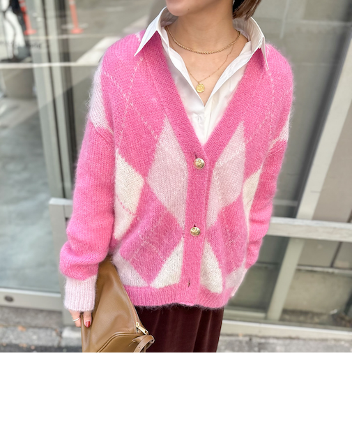 モヘアインターシャアーガイルVネックカーディガン