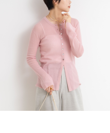【WEB限定カラーあり】カシミヤ混ガーゼ風リブクルーネックミディ丈カーディガン