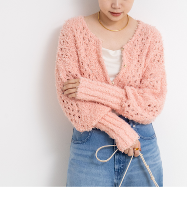 《手洗い可能》カットフェザーヤーン透かし柄2WAYカーディガン