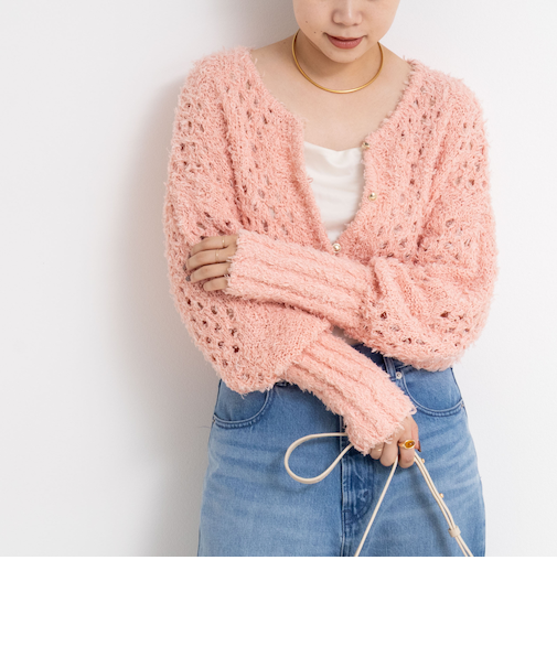 《手洗い可能》カットフェザーヤーン透かし柄2WAYカーディガン