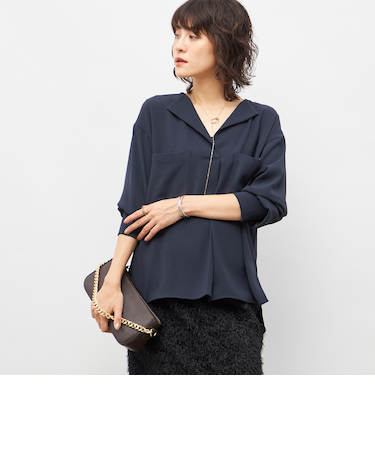 ウォッシャブルバックサテンジョーゼットオープンカラーブラウス