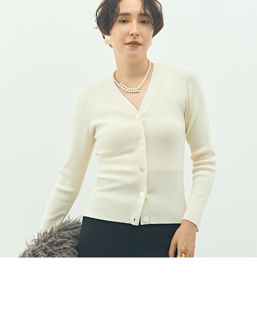《アンサンブル対応》《手洗い可能》カシミヤ混リブVネックカーディガン