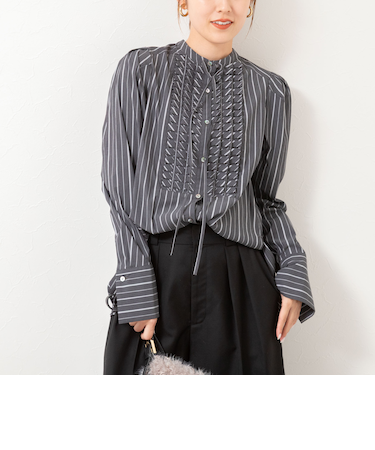 【MARILYN MOON/マリリーンムーン】タックフリルストライプブラウス