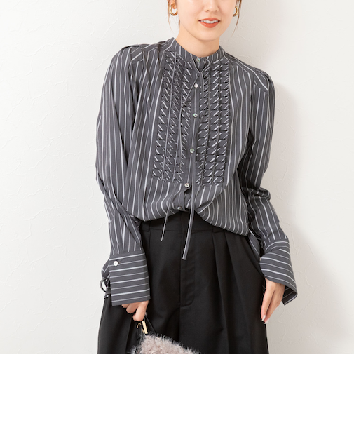【MARILYN MOON/マリリーンムーン】タックフリルストライプブラウス
