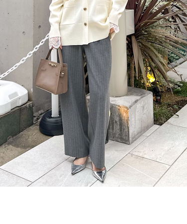 ウォッシャブル両面起毛ヘリンボーン/ストライプセミワイドパンツ