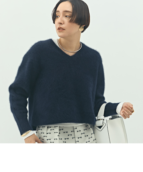 手洗い可能》ヘアリーストレッチVネックプルオーバーニット