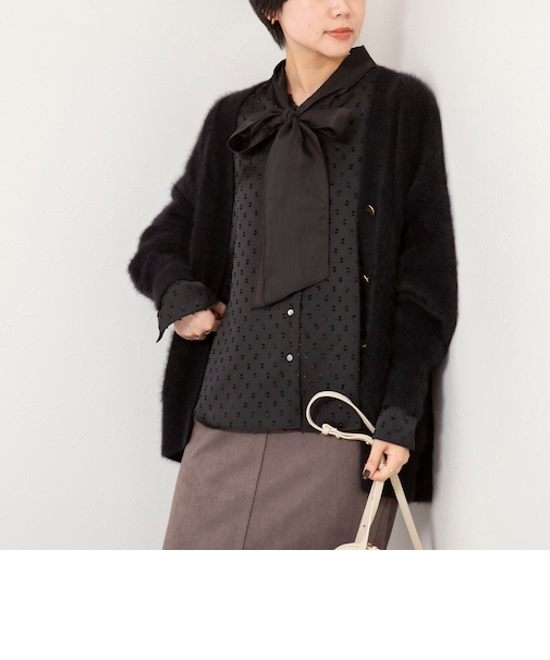 ウォッシャブルサテンドビーボウタイブラウス