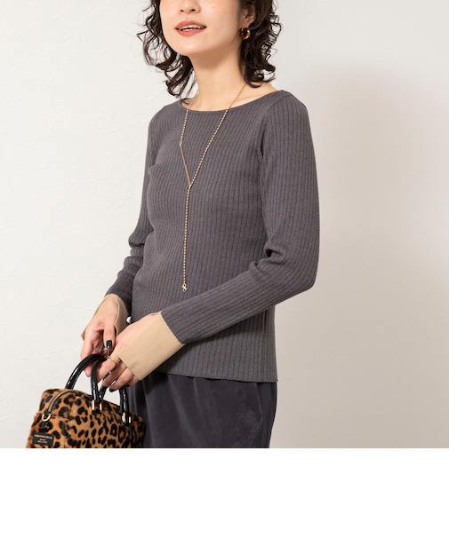 《手洗い可能》ウール混ワイドリブ袖口配色プルオーバー