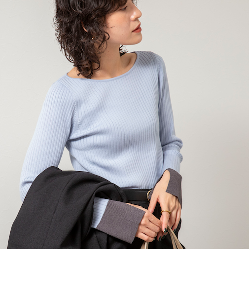 《手洗い可能》ウール混ワイドリブ袖口配色プルオーバー