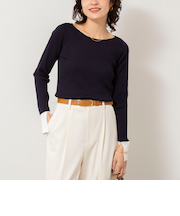 《手洗い可能》ウール混ワイドリブ袖口配色プルオーバー