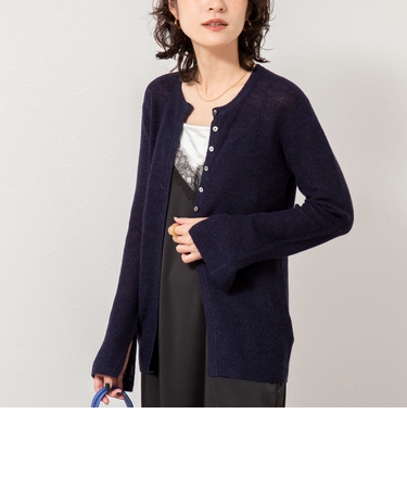 《手洗い可能》モヘヤ混片畦ミディ丈Cネックカーディガン