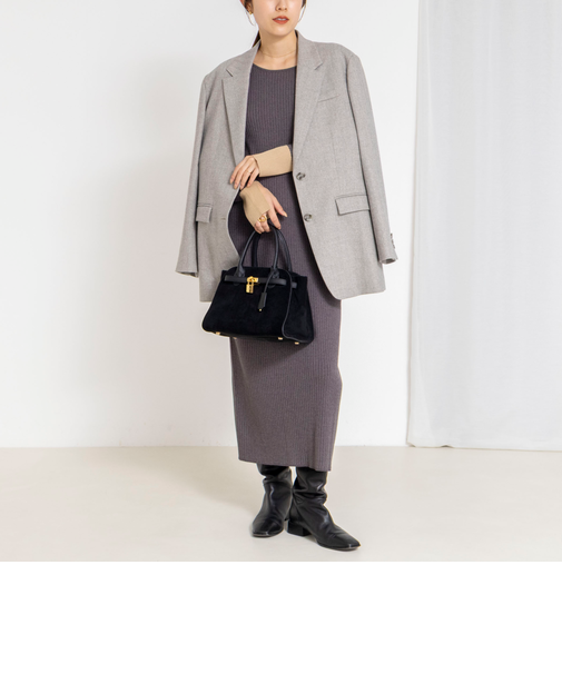 《手洗い可能》ウール混ワイドリブ袖口配色ロングワンピース