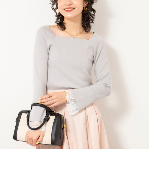 《手洗い可能》袖口レース取り外し可総針スクエアネックプルオーバー