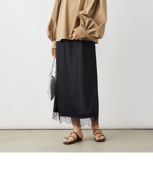 ウォッシャブル裾レースサテンナロースカート