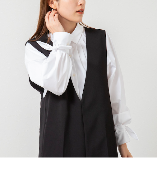 ウォッシャブル袖リボン付きボリュームシャツ