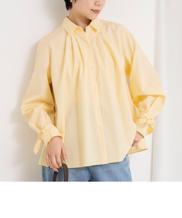 ウォッシャブル袖リボン付きボリュームシャツ