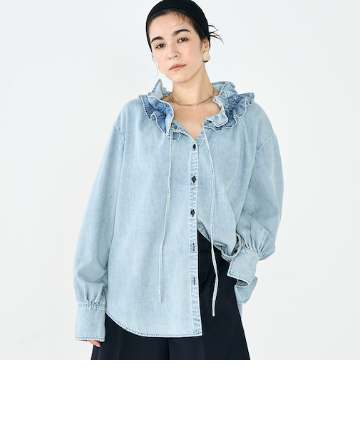 【RM denim】フリルギャザーデニムブラウス