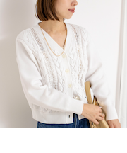 《手洗い可能》ケーブルレースVネックカーディガン