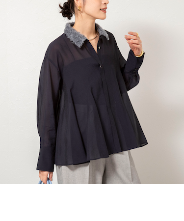 チュール襟付オーガンジーフレアシャツブラウス