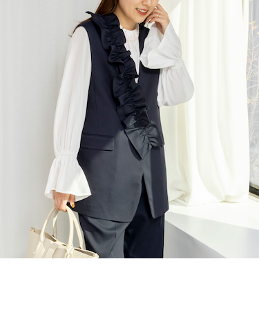 《セットアップ対応》ウォッシャブルジョーゼットフリル付きマルチWAYジレ