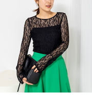 ウォッシャブル袖フレアレースロンＴ