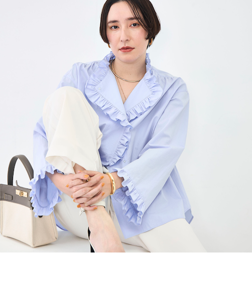 ウォッシャブルORGANICコットンフリルシャツブラウス