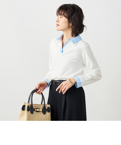 《手洗い可能》シャツレイヤード風スキッパーポロニット