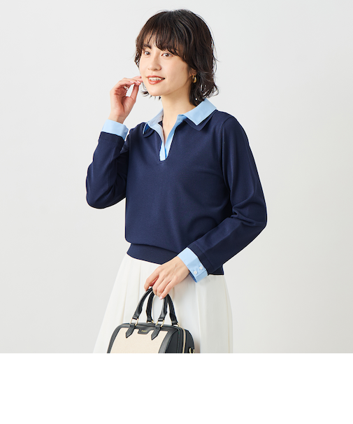 《手洗い可能》シャツレイヤード風スキッパーポロニット