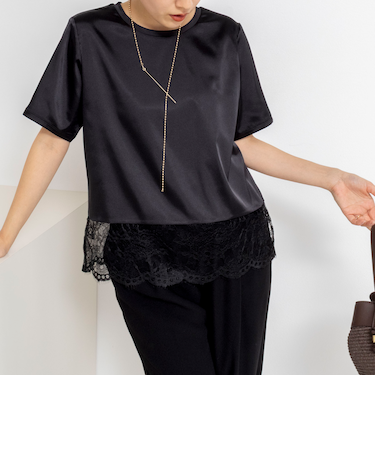 ウォッシャブル裾レースオトナサテンＴシャツ