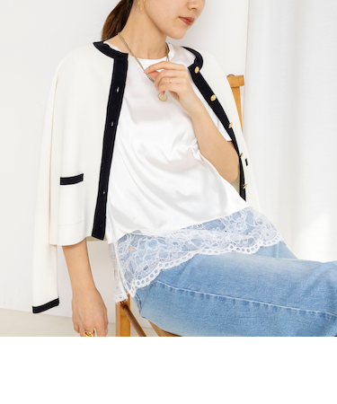 ウォッシャブル裾レースオトナサテンＴシャツ