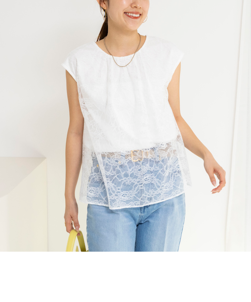 ウォッシャブルレースレイヤードブラウス