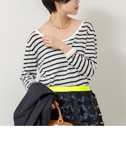 ウォッシャブルブークレーボーダーバックUネックプルオーバー