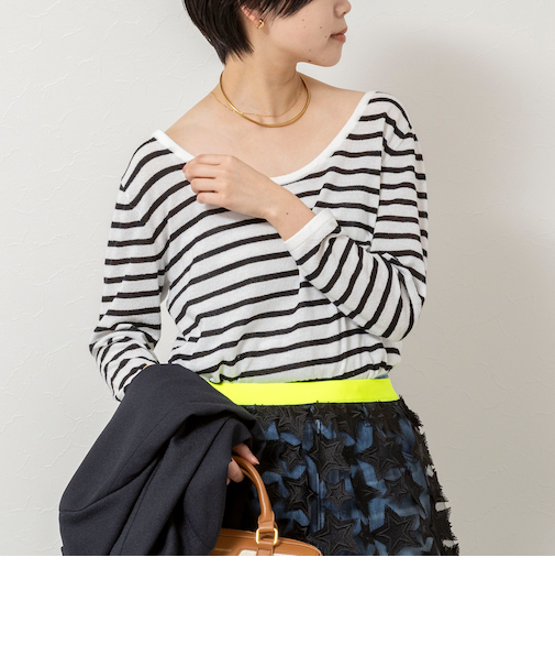 ウォッシャブルブークレーボーダーバックUネックプルオーバー