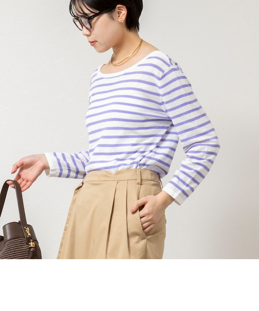 ウォッシャブルブークレーボーダーバックUネックプルオーバー