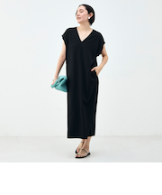 ウォッシャブル袖口リブマキシ丈ワンピースジョーゼットダンボール