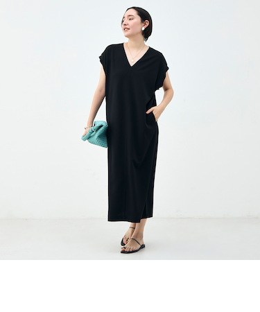 ウォッシャブル袖口リブマキシ丈ワンピースジョーゼットダンボール