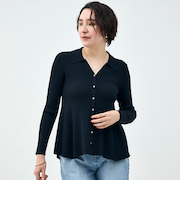 《手洗い可能》リブフレアスキッパーポロ襟カーディガン