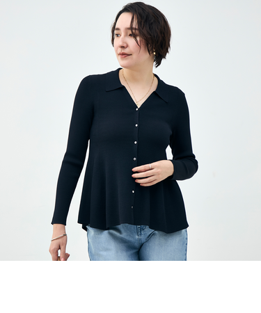 《手洗い可能》リブフレアスキッパーポロ襟カーディガン