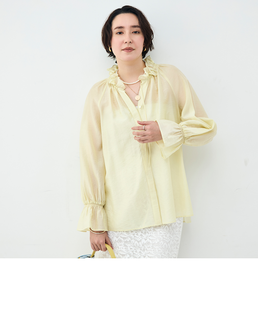 ウォッシャブルシアーオーガンジーフリルネックブラウス