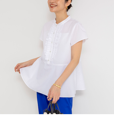 ウォッシャブル前立プリーツペプラムブラウス