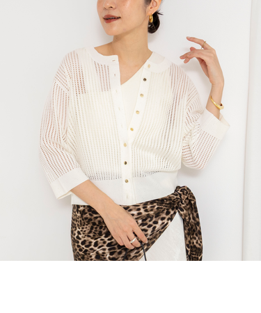 《手洗い可能》メッシュスパンコール6分袖カーディガン