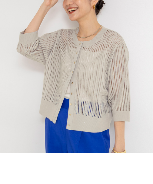 《手洗い可能》メッシュスパンコール6分袖カーディガン
