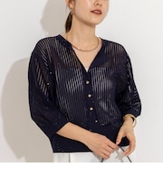 《手洗い可能》メッシュスパンコール6分袖カーディガン