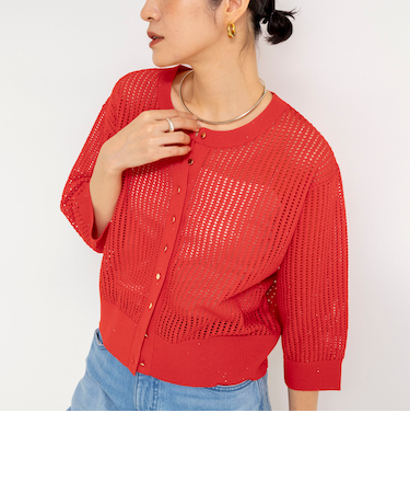 《手洗い可能》メッシュスパンコール6分袖カーディガン