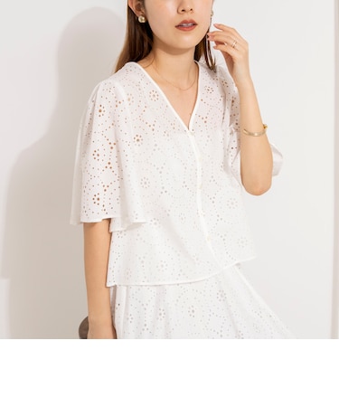 《セットアップ対応》ウォッシャブルフレアスリーブレースブラウス