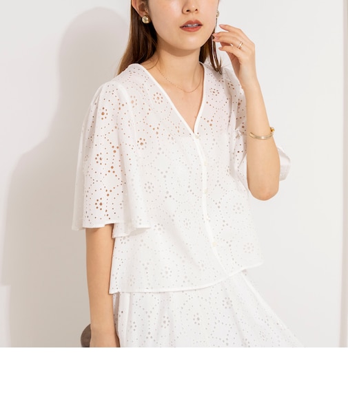 《セットアップ対応》ウォッシャブルフレアスリーブレースブラウス