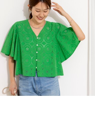 《セットアップ対応》ウォッシャブルフレアスリーブレースブラウス