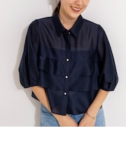 シアーシルキーパール釦フリルブラウス