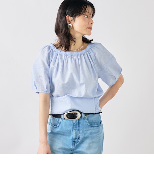 ウォッシャブル袖ボリュームサッカーブラウス