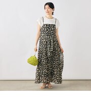 【Import Fabric】ウォッシャブル楊柳リーフ柄ウエストリボンワンピース